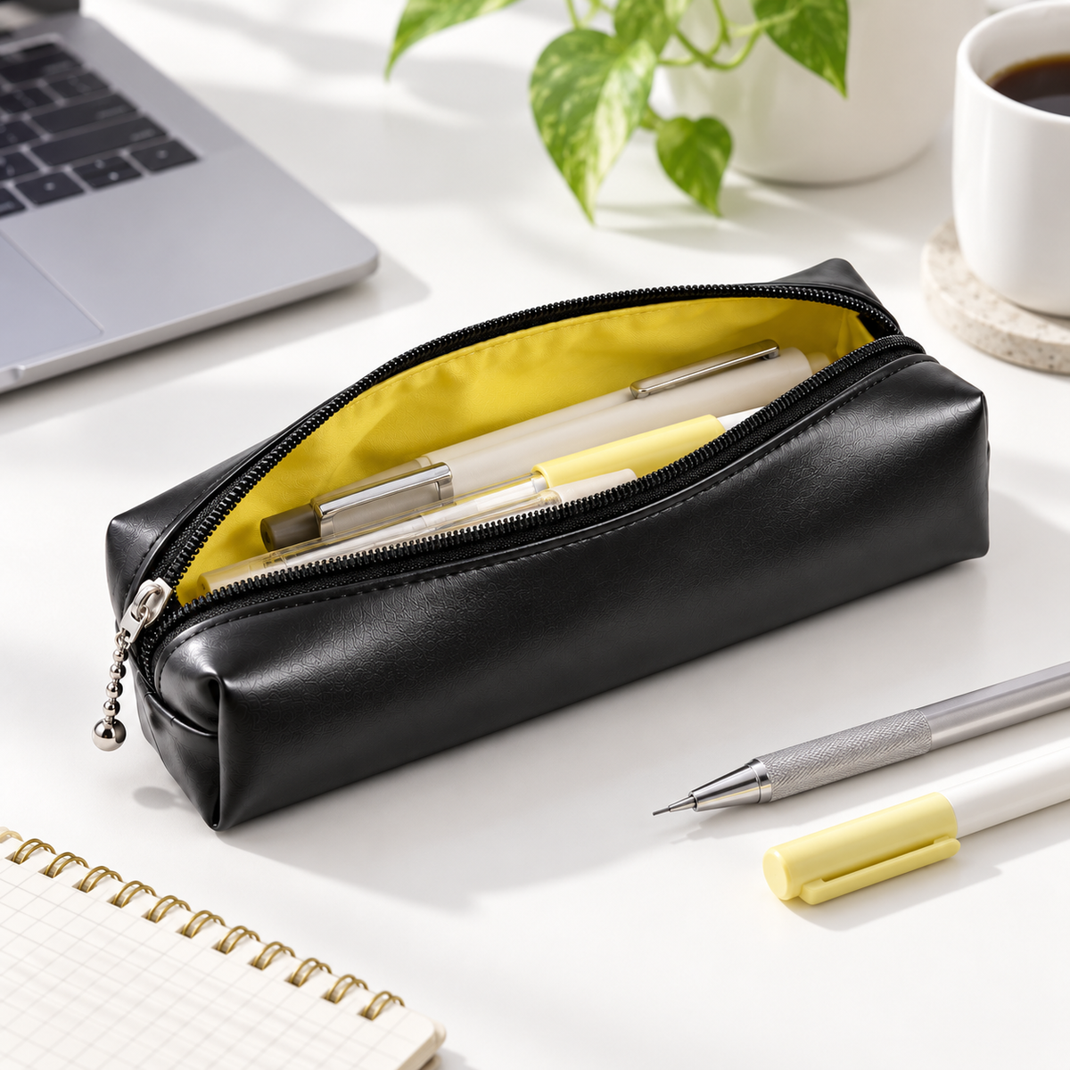 Open black actpacker pencil case on a desk with pens and tools